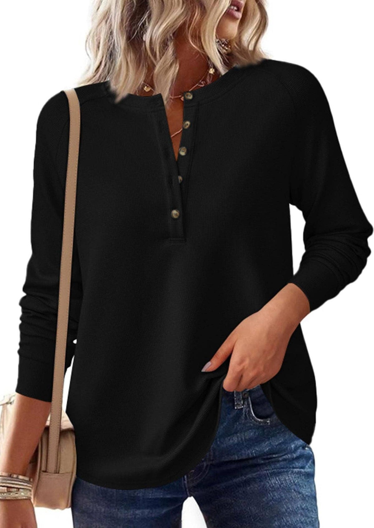 Button Front Waffle Knit Long Sleeve Top