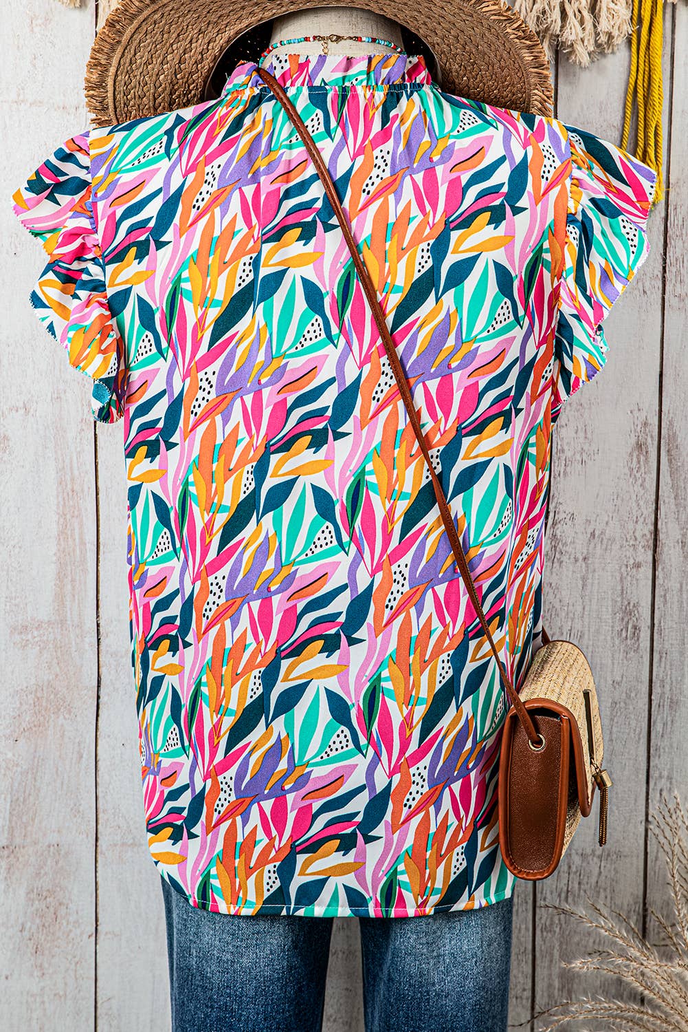Floral Print Ruffled Flutter Sleeve Blouse