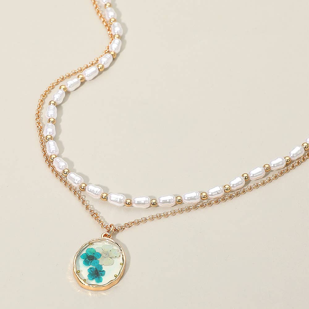 Floral Resin Pendant Pearl Metal Chain Layered Necklace