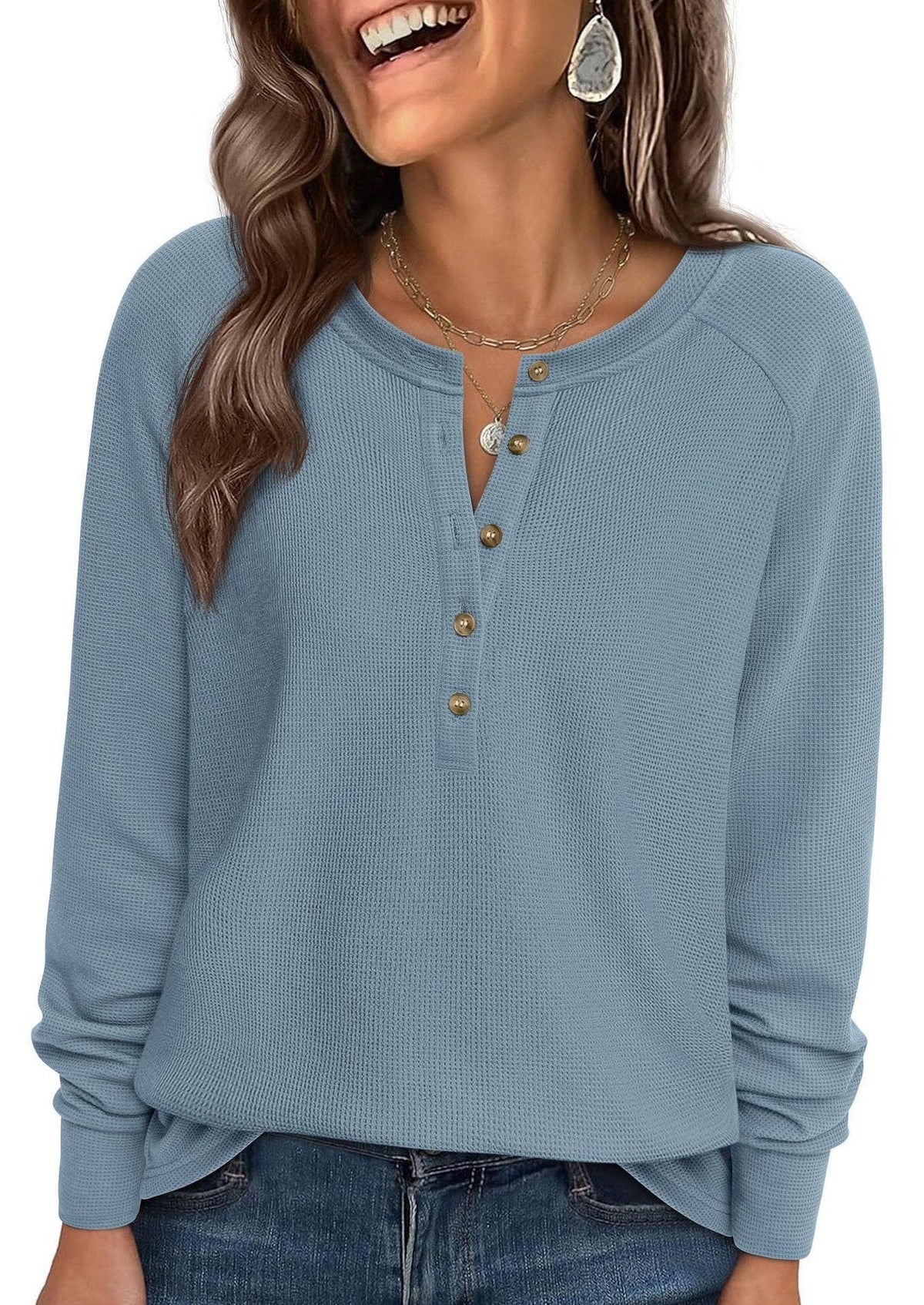 Button Front Waffle Knit Long Sleeve Top