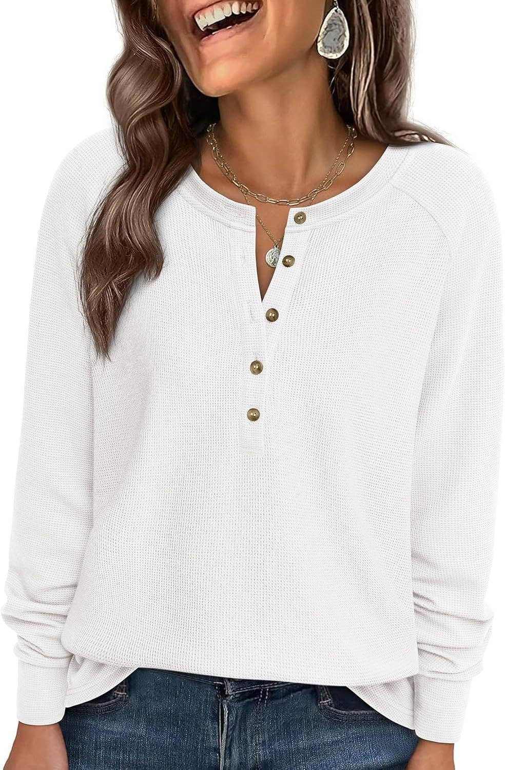 Button Front Waffle Knit Long Sleeve Top