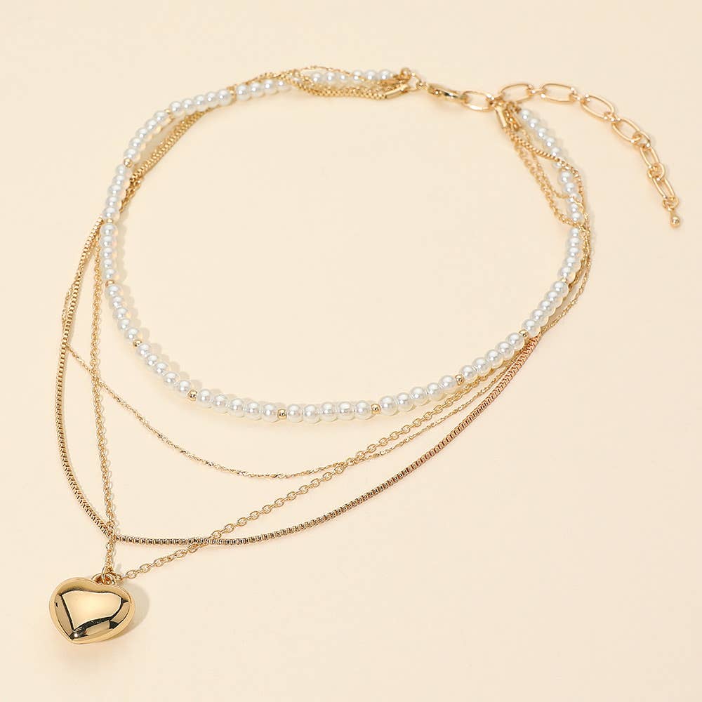Puffy Metal Heart Pendant Accent Pearl Beaded Multi Chain Layered Necklace