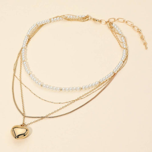 Puffy Metal Heart Pendant Accent Pearl Beaded Multi Chain Layered Necklace