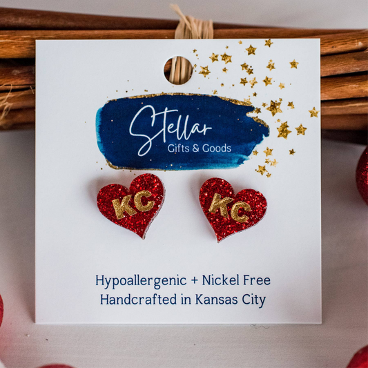 KC Heart Stud Earrings Red & Gold Glitter