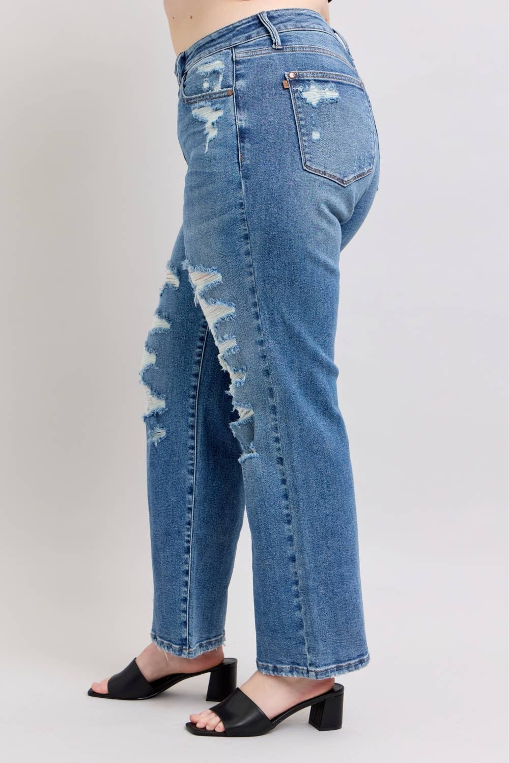 PLUS - Judy Blue High Waist Distressed Straight Leg Denim