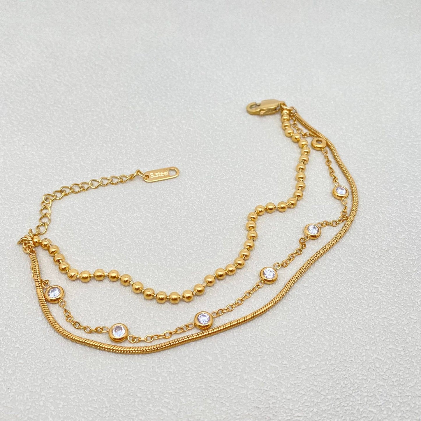 Inlaid CZ 3-layer 18K Gold-plated Steel Chain Bracelet - FGS