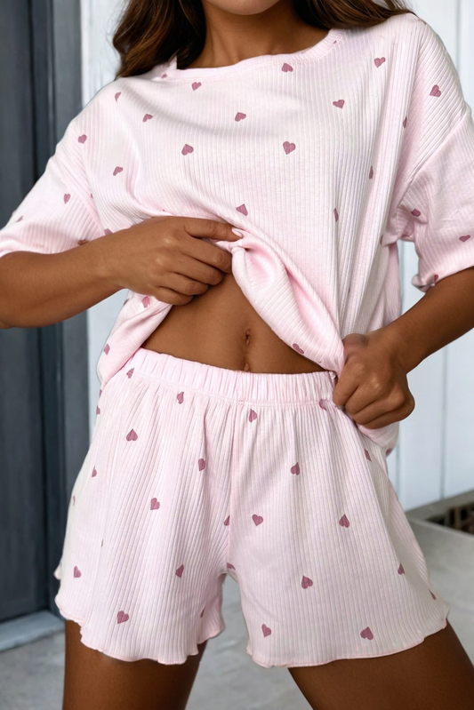 Valentine Heart Ribbed Knit Short Lounge Set