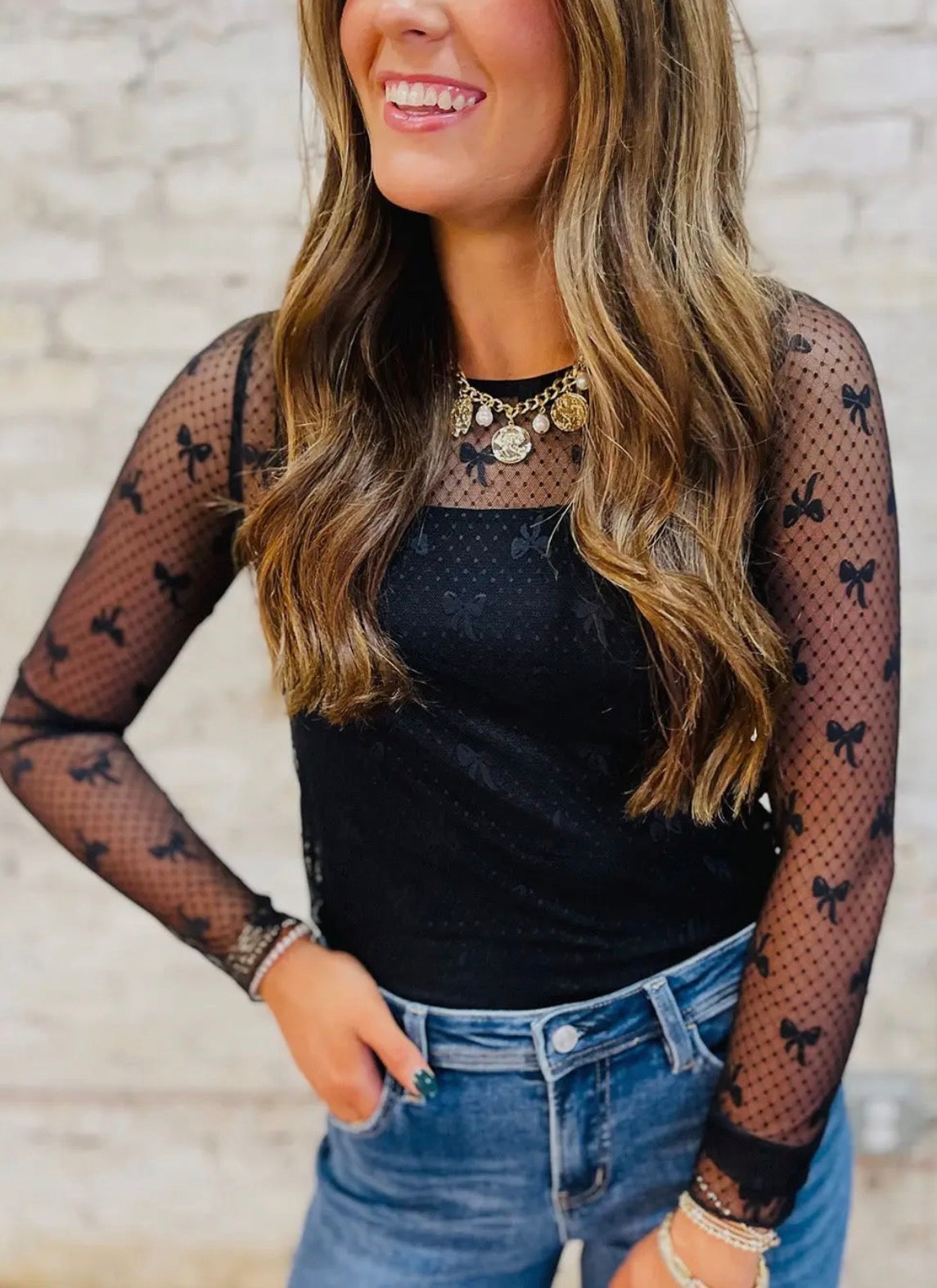 Delicate Bow Black Mesh Top