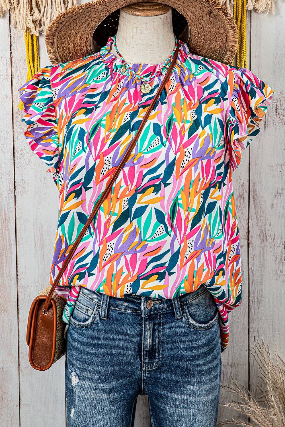 Floral Print Ruffled Flutter Sleeve Blouse