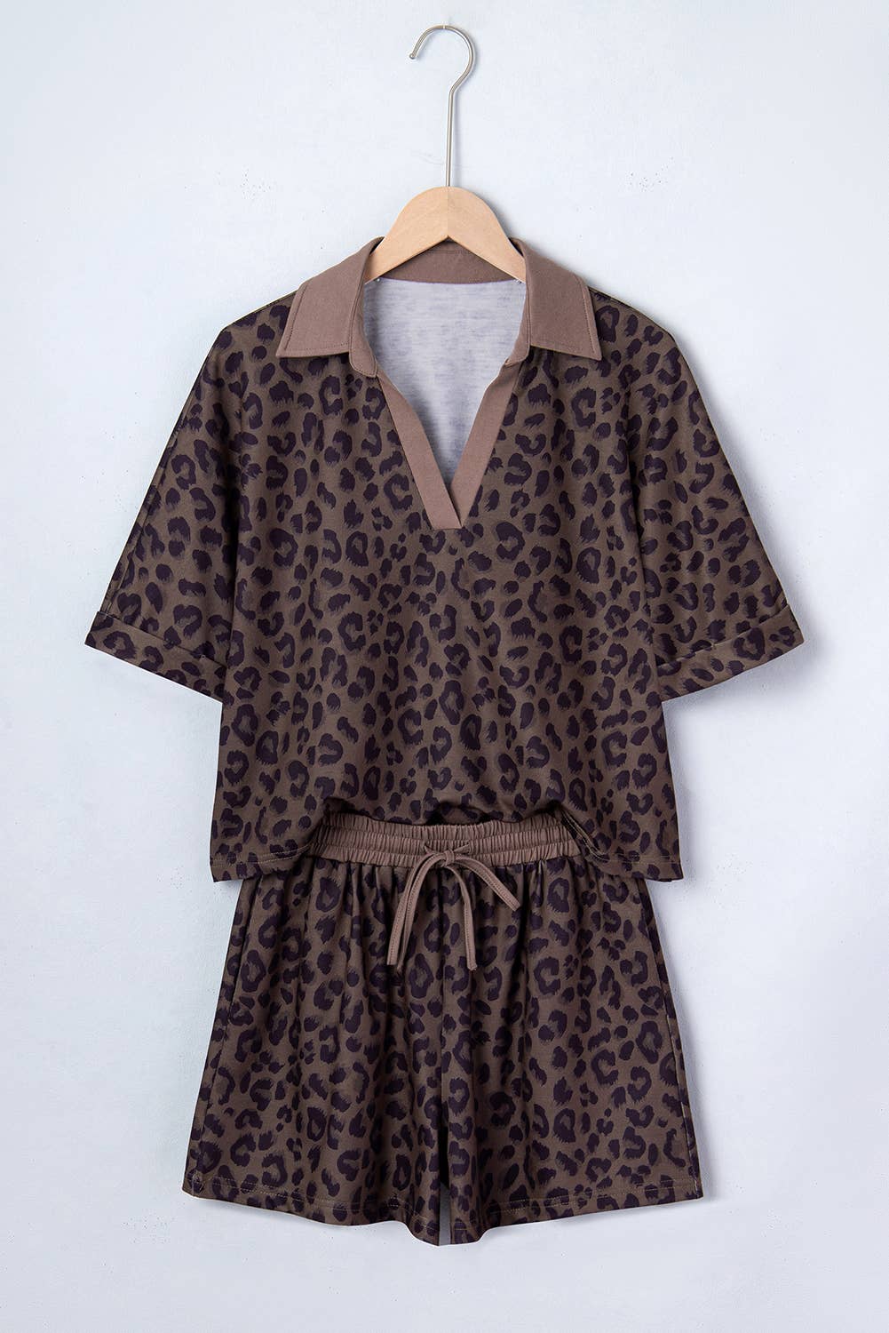 Collared Patchwork Leopard Printed 2pcs Short Set