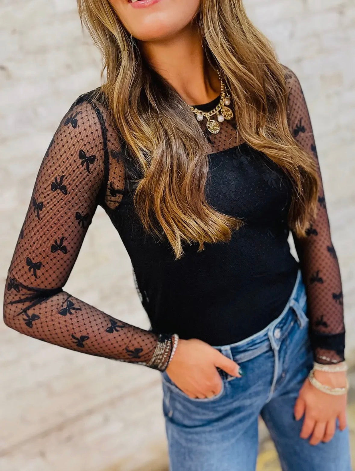 Delicate Bow Black Mesh Top