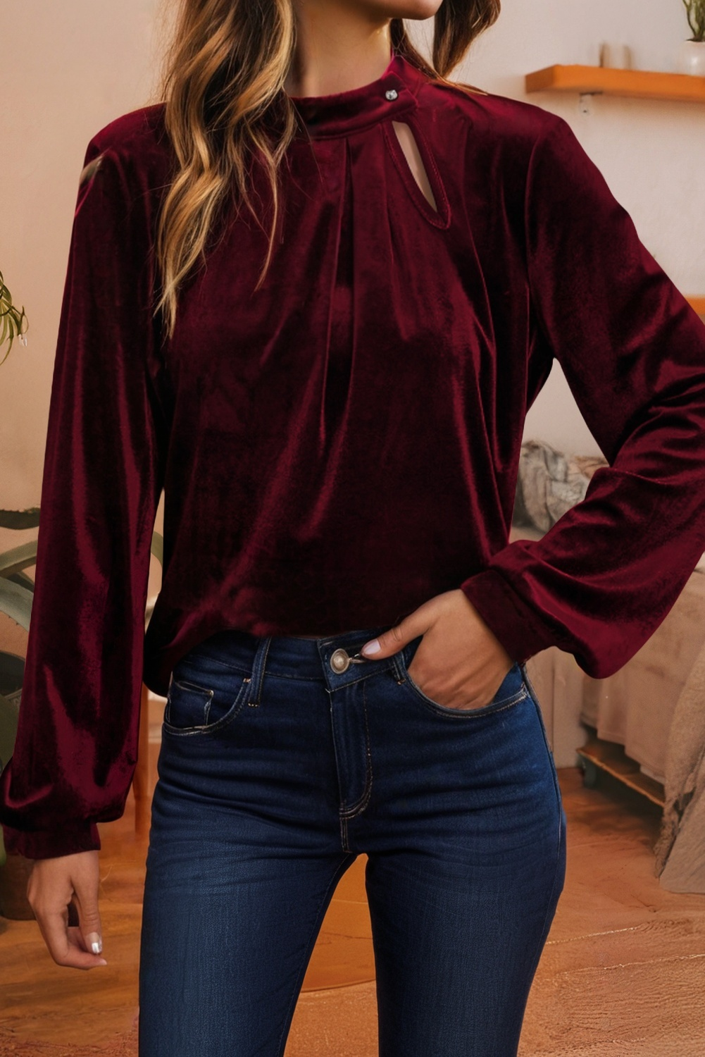 Asymmetric Button Collar Long Sleeve Velvet Blouse