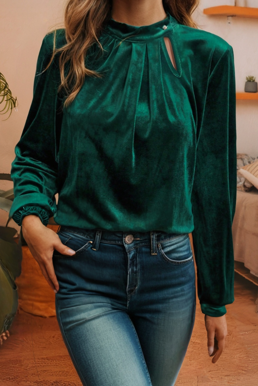 Asymmetric Button Collar Long Sleeve Velvet Blouse