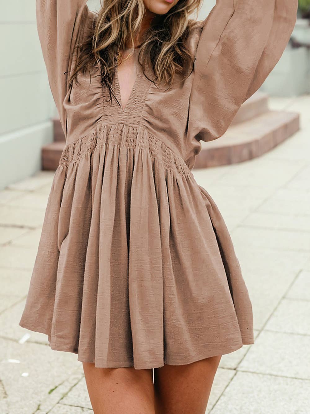 Deep V Neck Bubble Sleeve Smocked Mini Dress