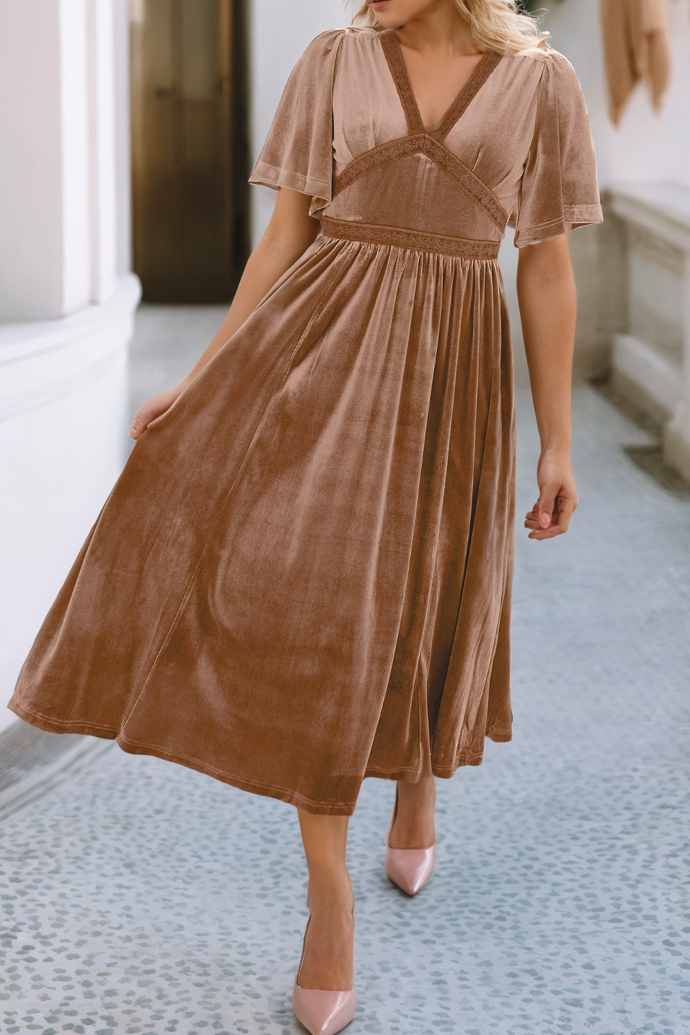 Velvet Lacy Empire Waist Flowy Maxi Dress