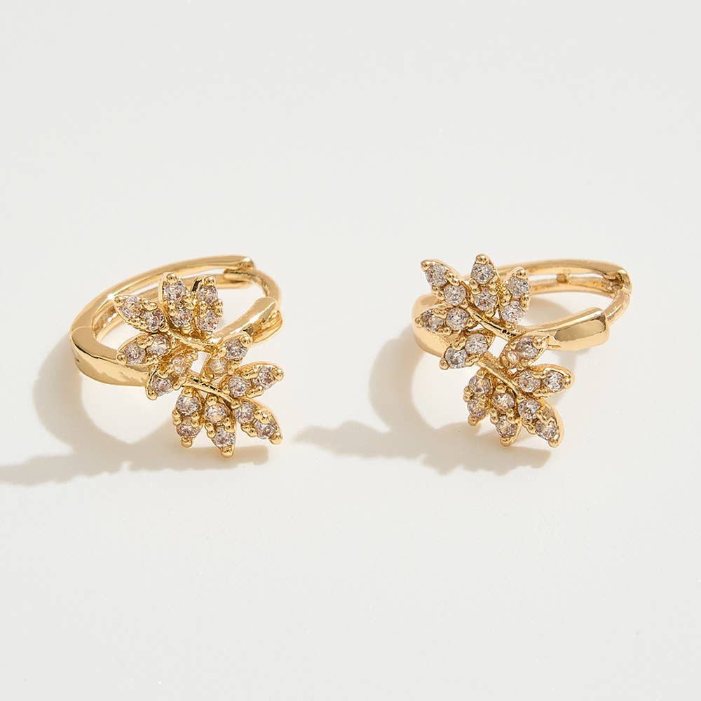 14K Gold or Silver Dipped CZ Leaves Mini Huggie Earrings