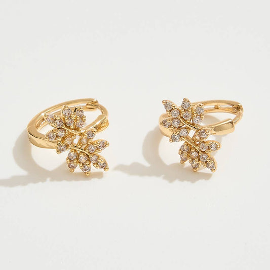 14K Gold or Silver Dipped CZ Leaves Mini Huggie Earrings