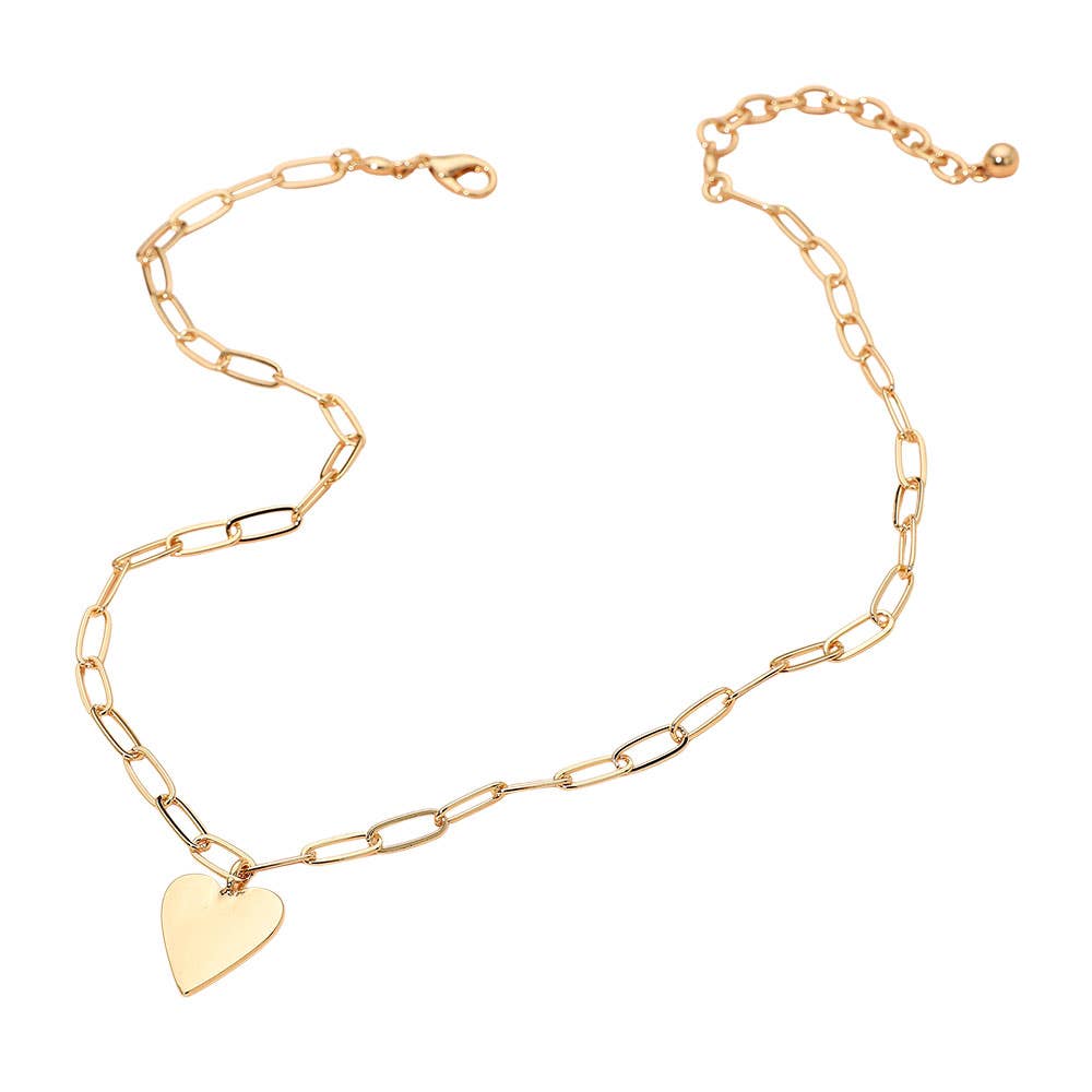 Gold or Silver Metal Heart Pendant Paperclip Chain Necklace