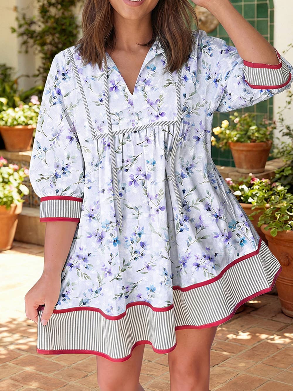 Spring 2026 Striped Edge 3/4 Puff Sleeve Floral Dress S-4X