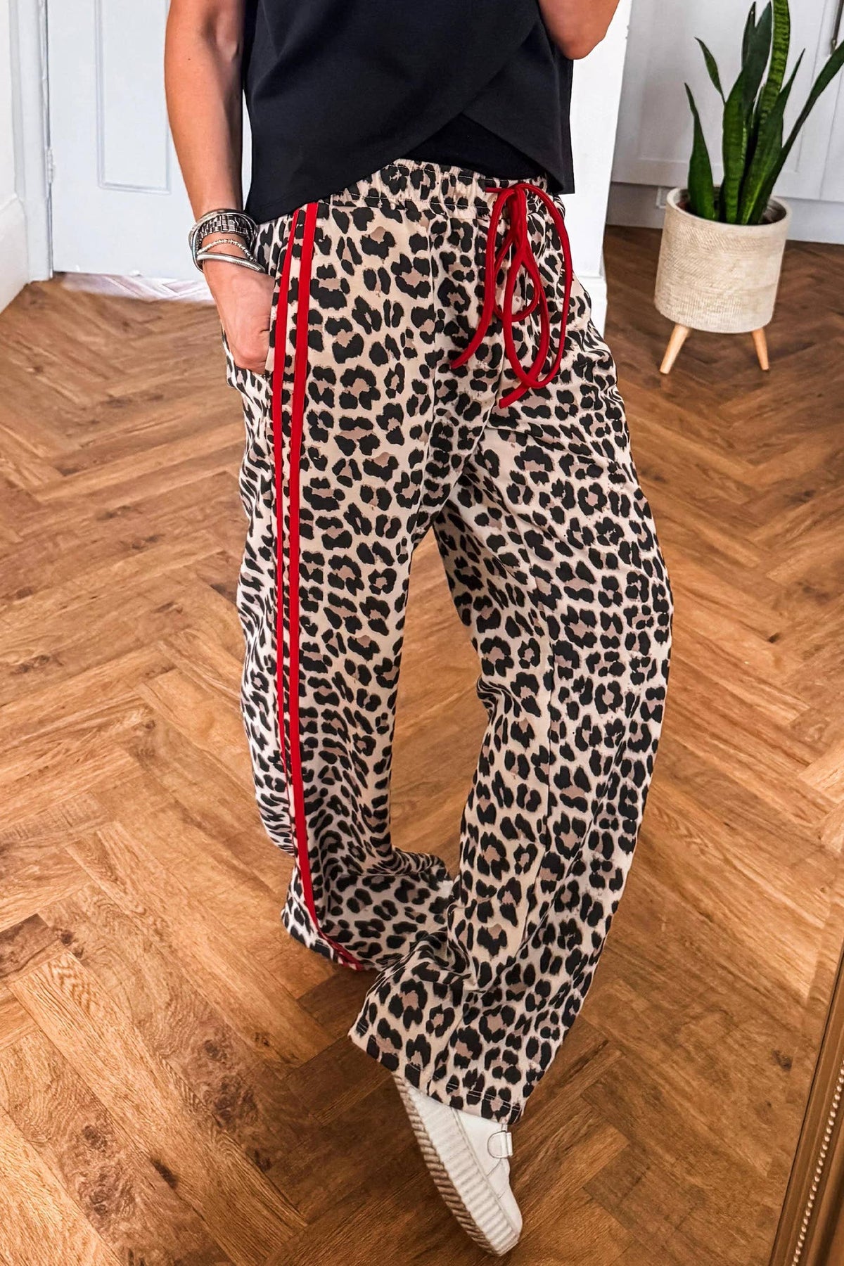 Tie Waist Leopard Print Stripe Pants