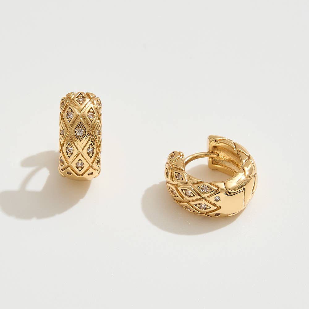 14K Gold Dipped CZ Stone Paved Quilted Huggie Earrings