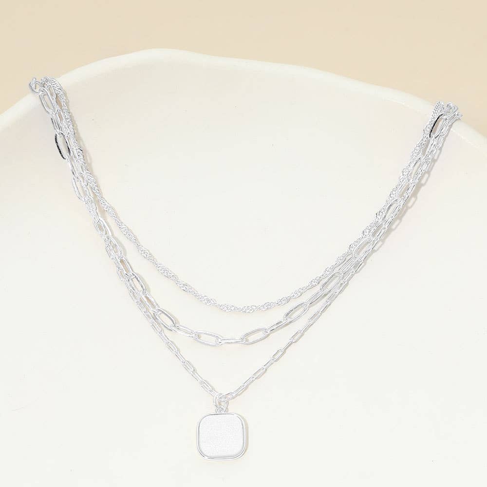 18K Gold Dipped Square Pendant Accent Mixed Paperclip Chain Layered Necklace