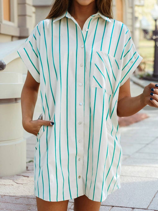 Striped Wide Short Sleeve Shift Mini Shirt Dress