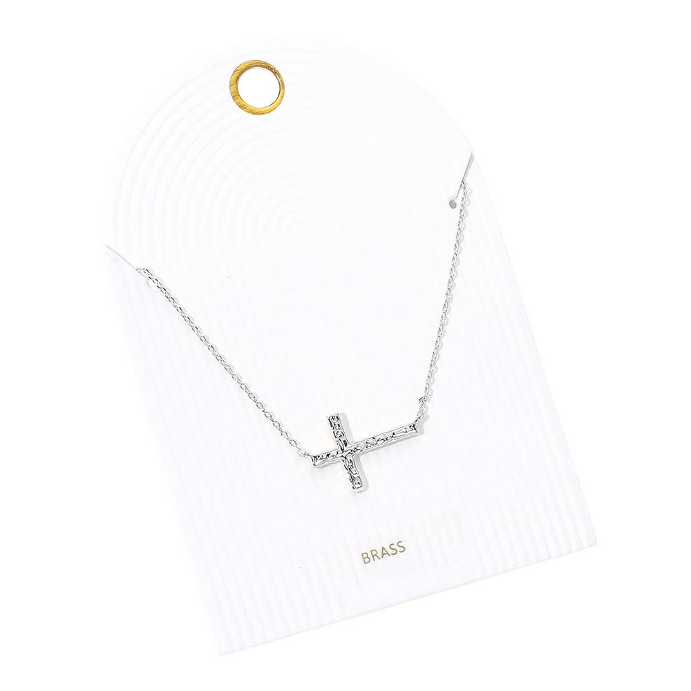Gold or Silver Hammered Metal Sideways Cross Pendant Necklace