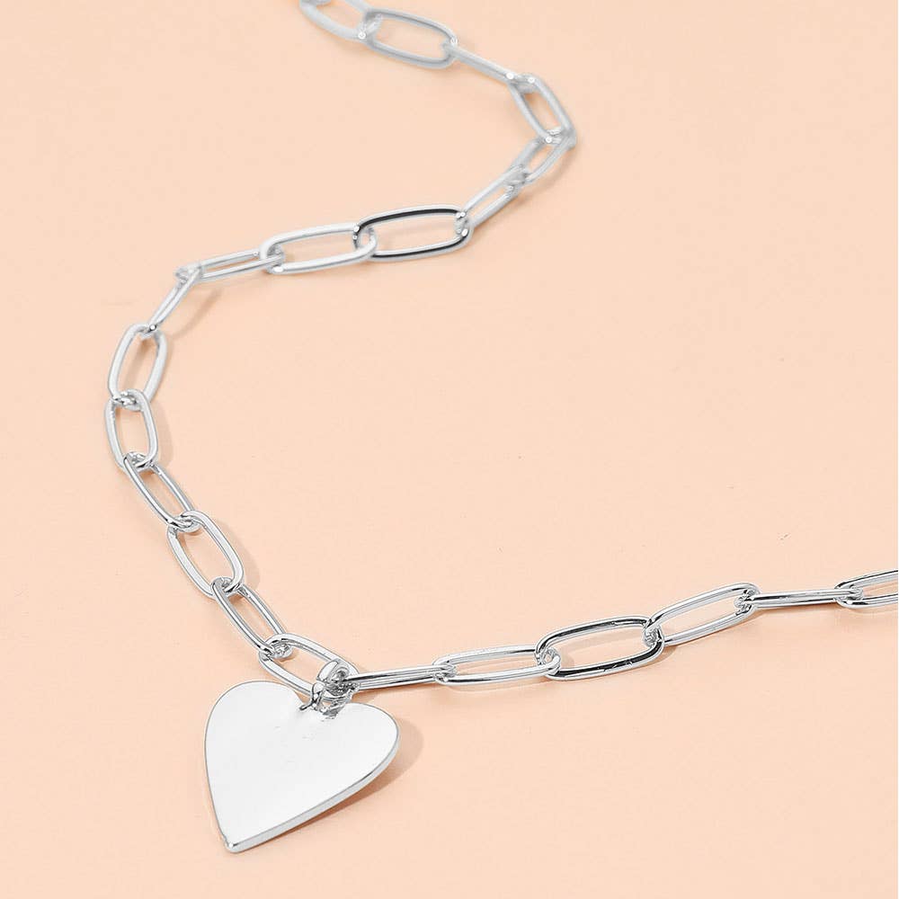 Gold or Silver Metal Heart Pendant Paperclip Chain Necklace
