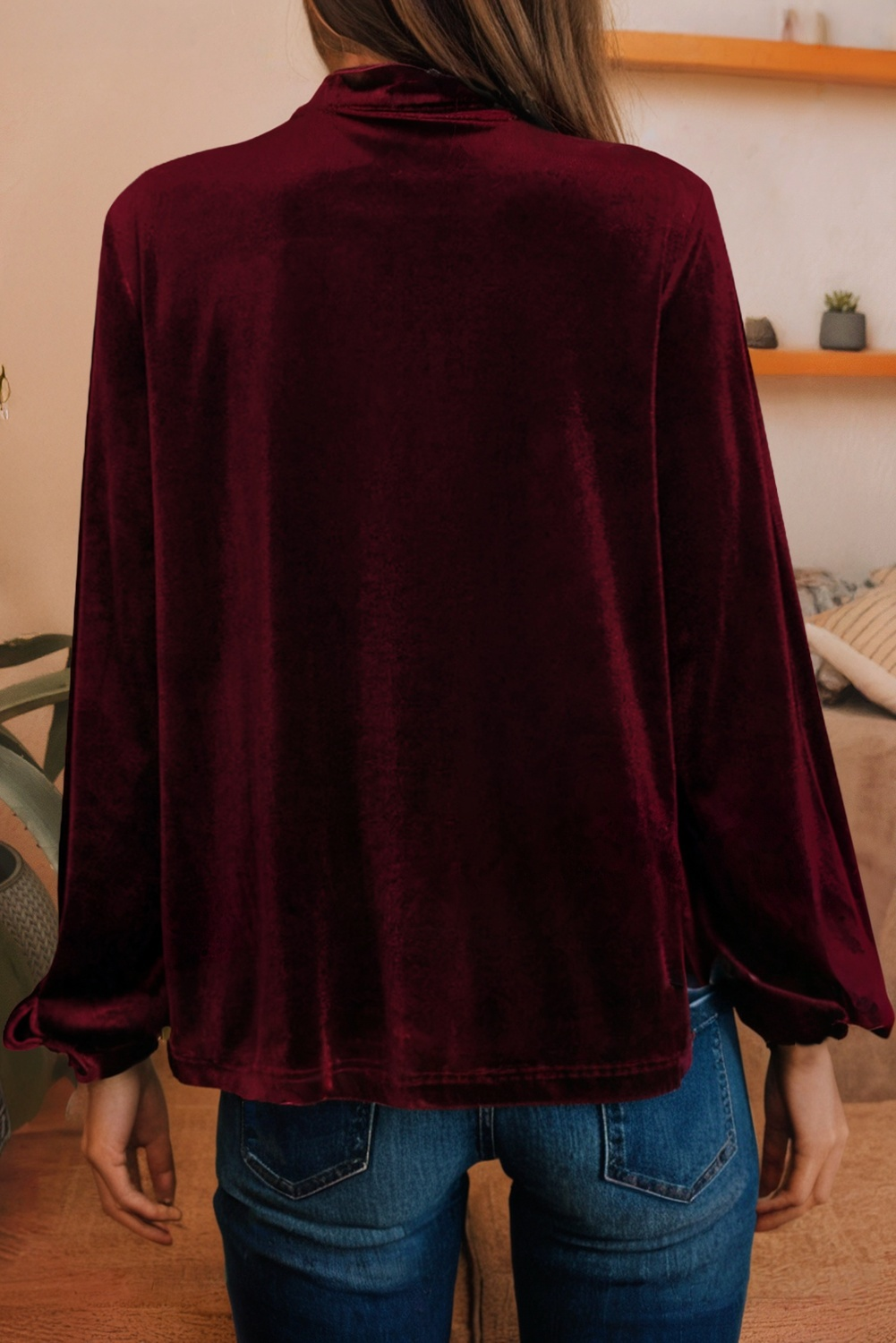 Asymmetric Button Collar Long Sleeve Velvet Blouse