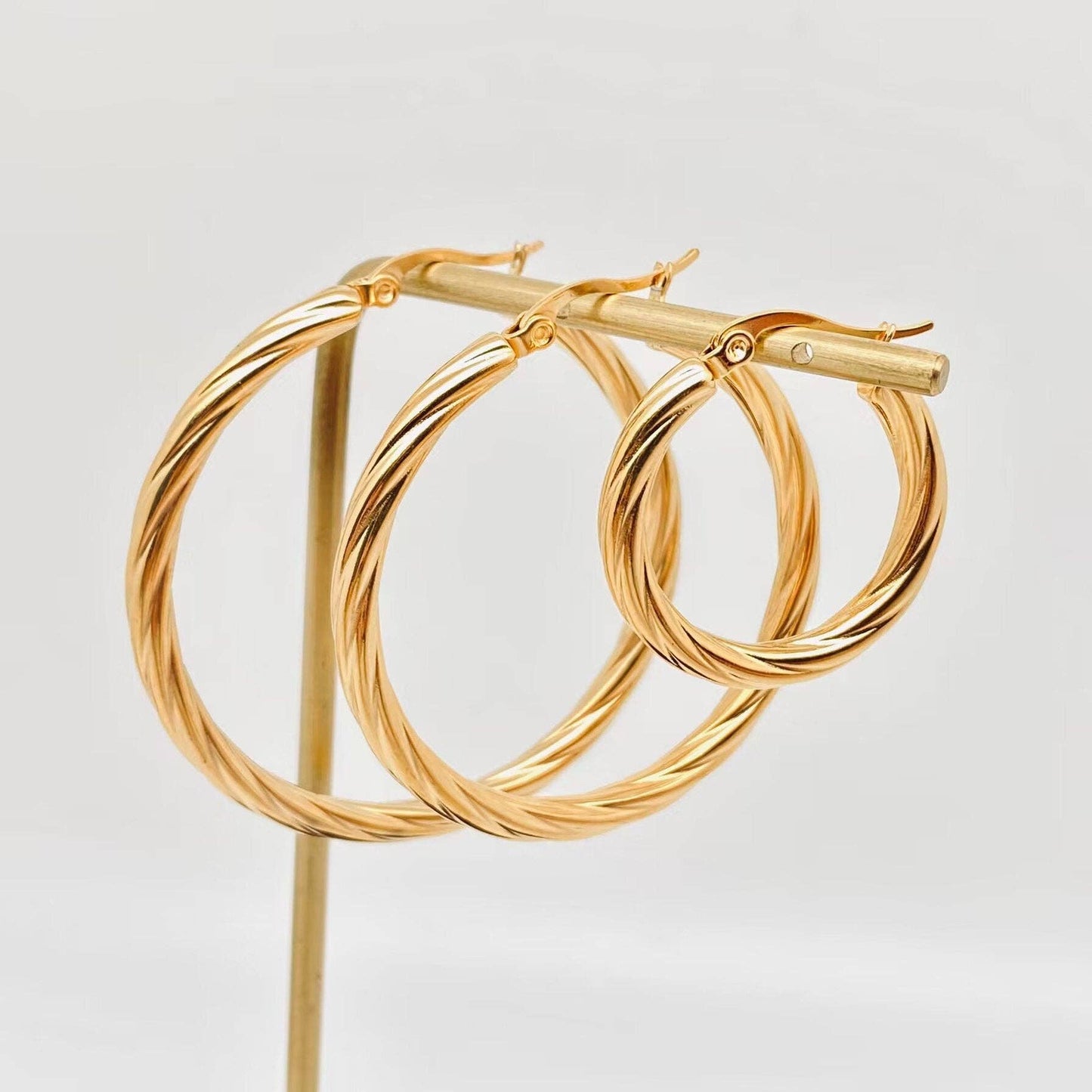 18K Gold Plated Stainless Steel Cable Hoop Earrings - FGS