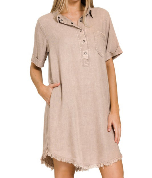 Washed Linen Raw Edge Button Down Dress