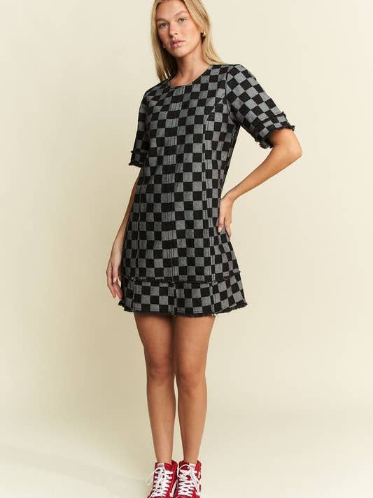 Checkered Denim Mini Dress, Plus Size