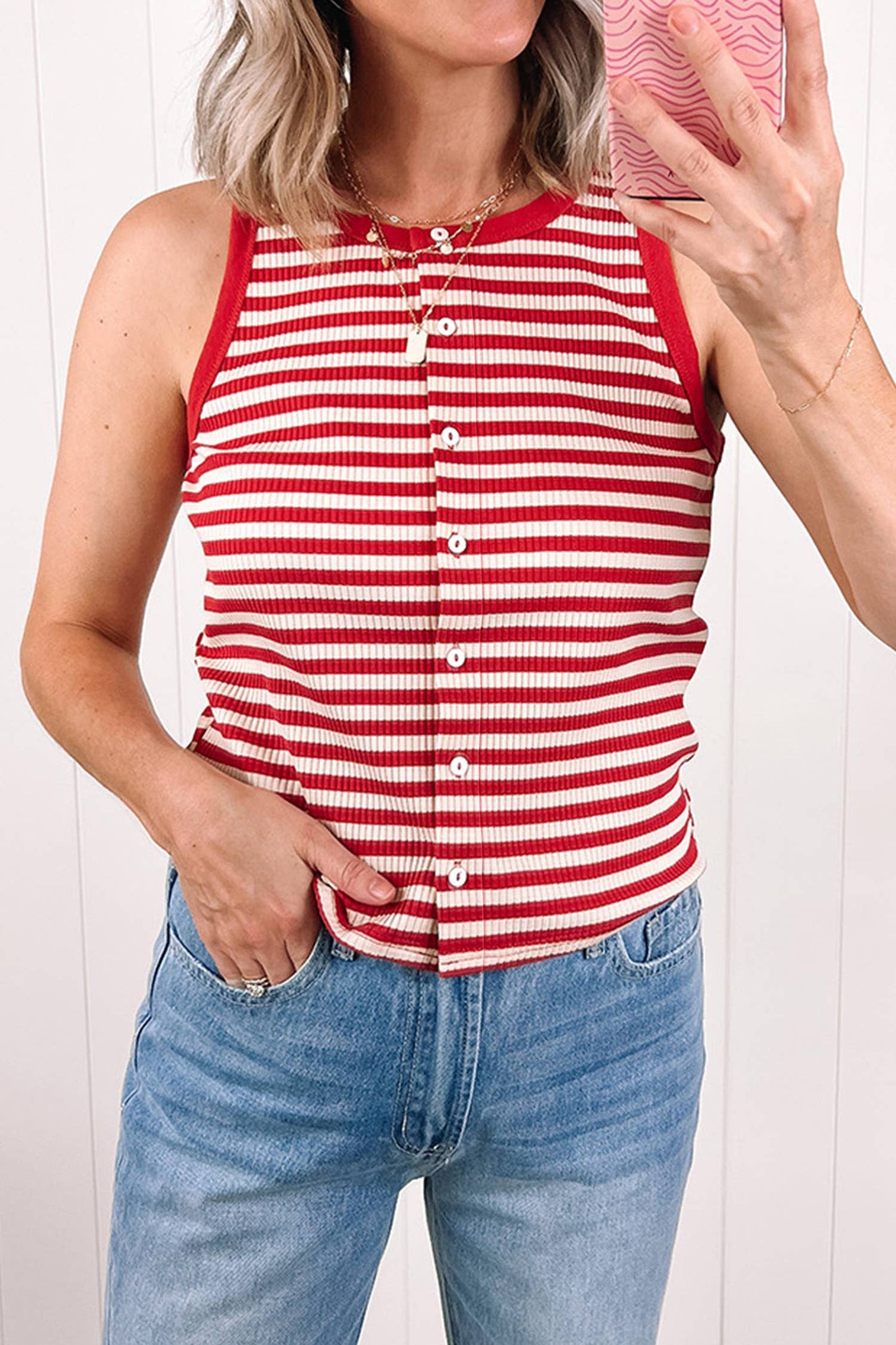 Striped Buttoned Ribbed Tank Top