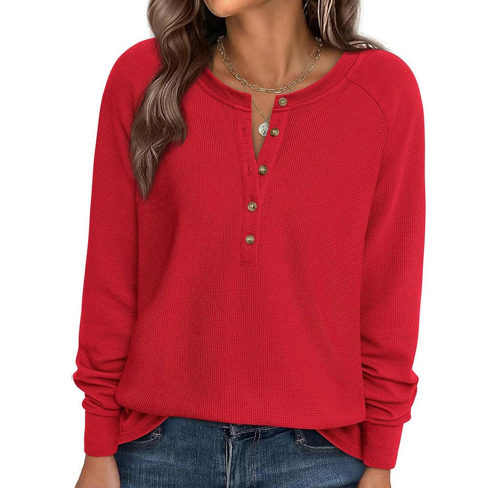 Button Front Waffle Knit Long Sleeve Top