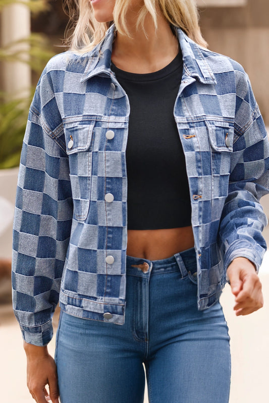 Checkered Patchwork Button Up Denim Jacket