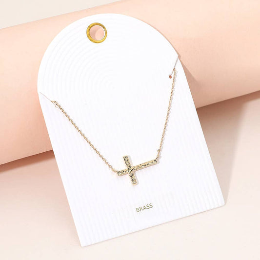 Gold or Silver Hammered Metal Sideways Cross Pendant Necklace