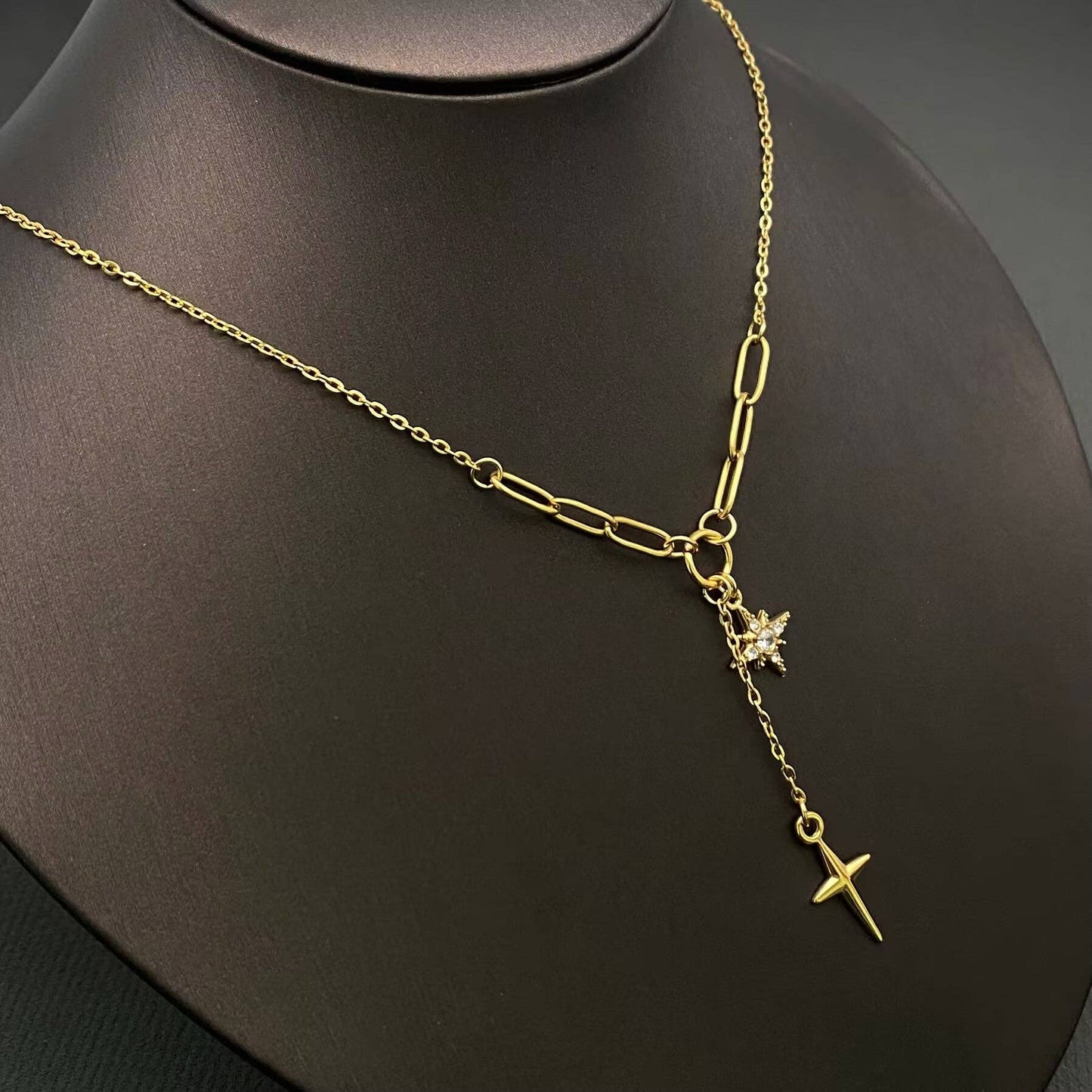 Double Star Charm 18K Golden SS Y-neck Necklace - FGS/MS