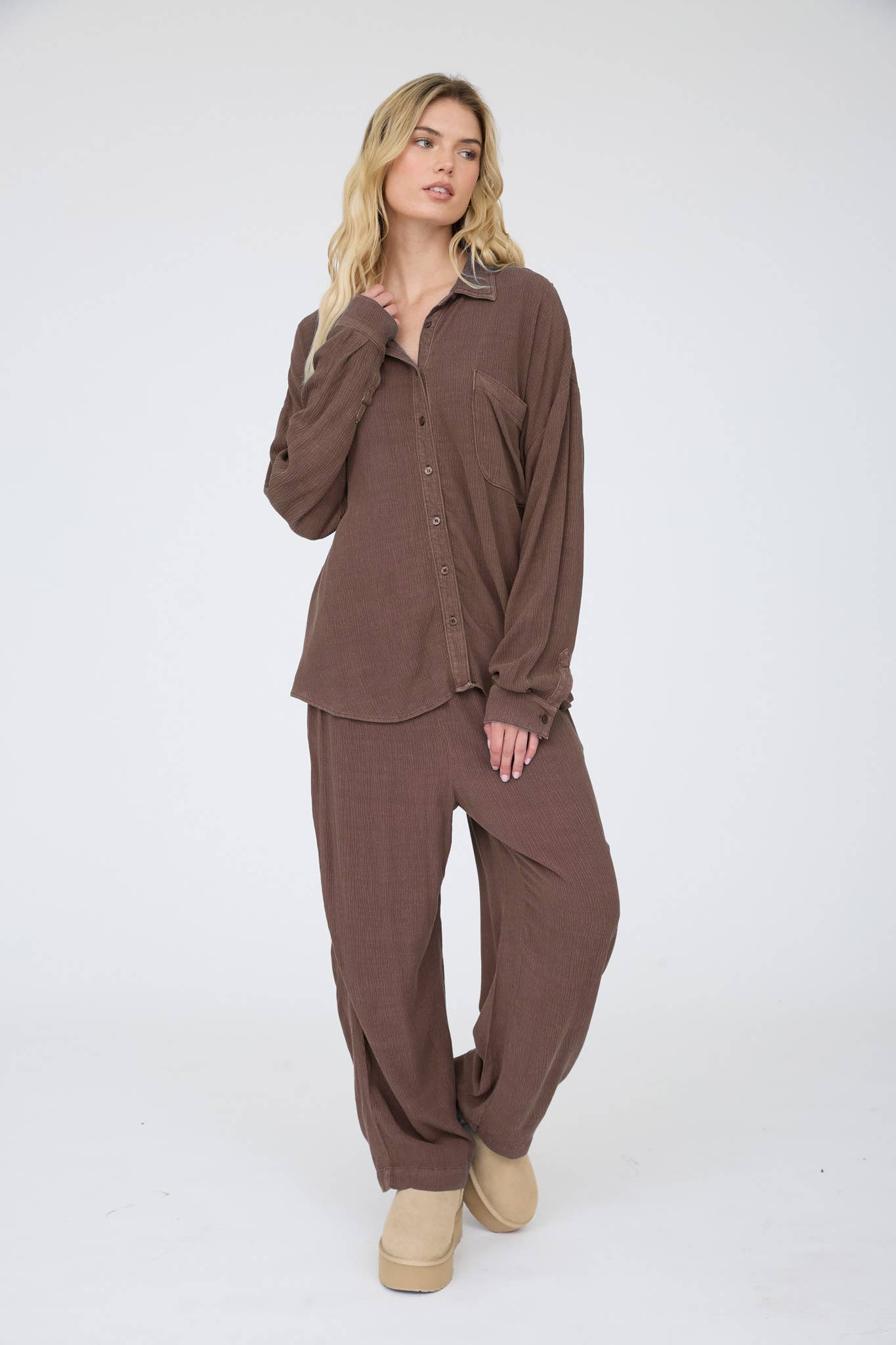 Crinkle Plisse Collard Button Down Shirt