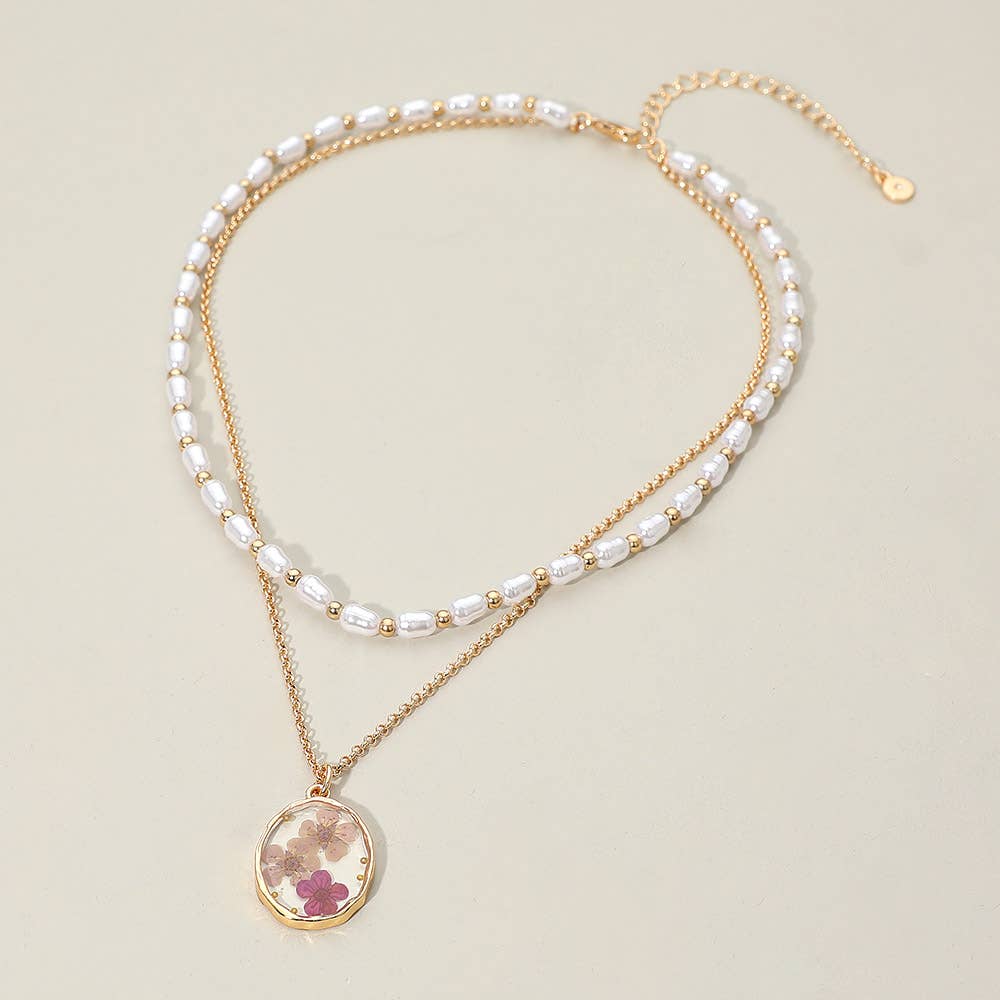 Floral Resin Pendant Pearl Metal Chain Layered Necklace