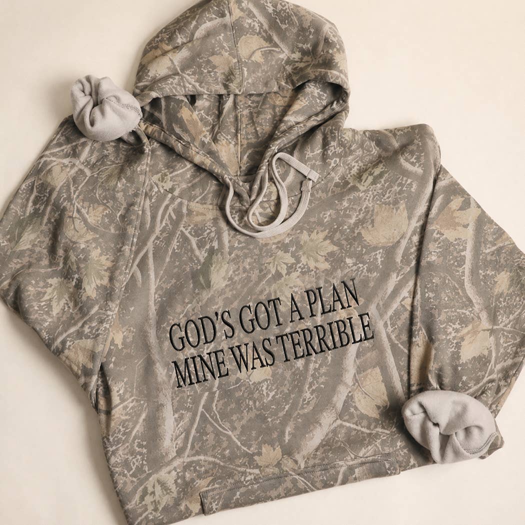 GOD'S GOT A PLAN Embroidered Deadwood Tree Camo Hoodie