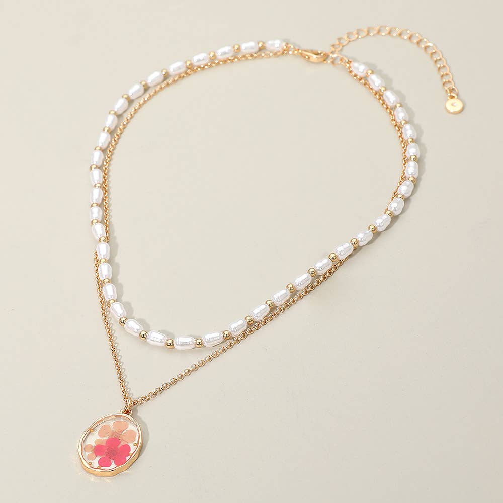 Floral Resin Pendant Pearl Metal Chain Layered Necklace
