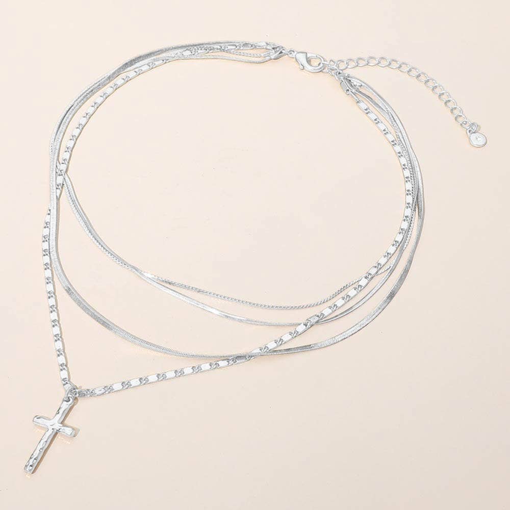 Cross Pendant Accent Layered Chain Necklace