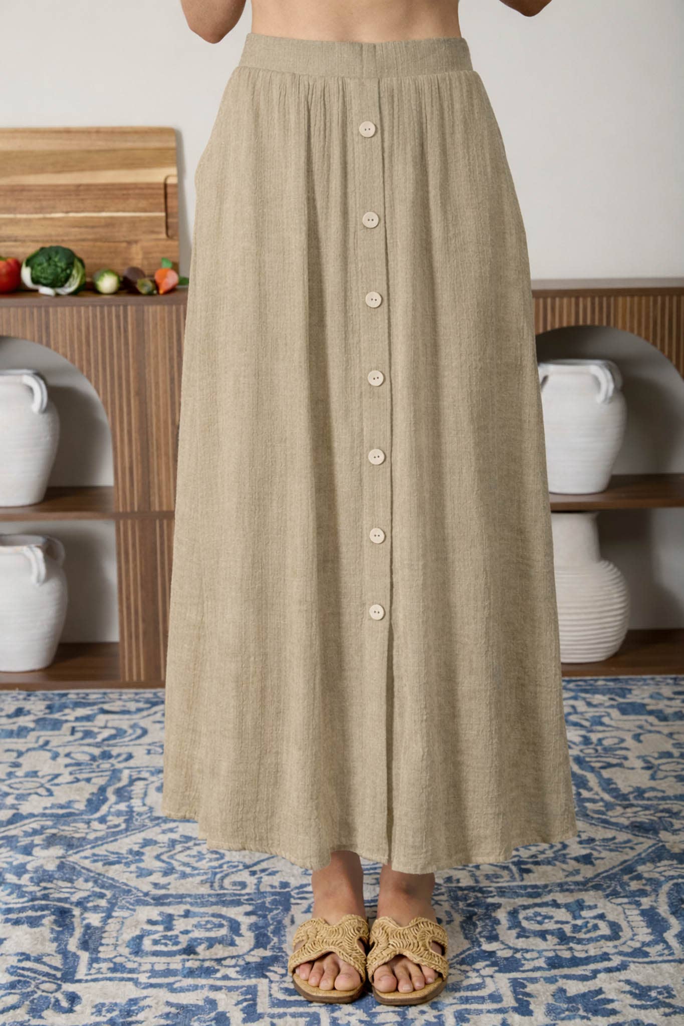 Textured Button Front Midi Skirt