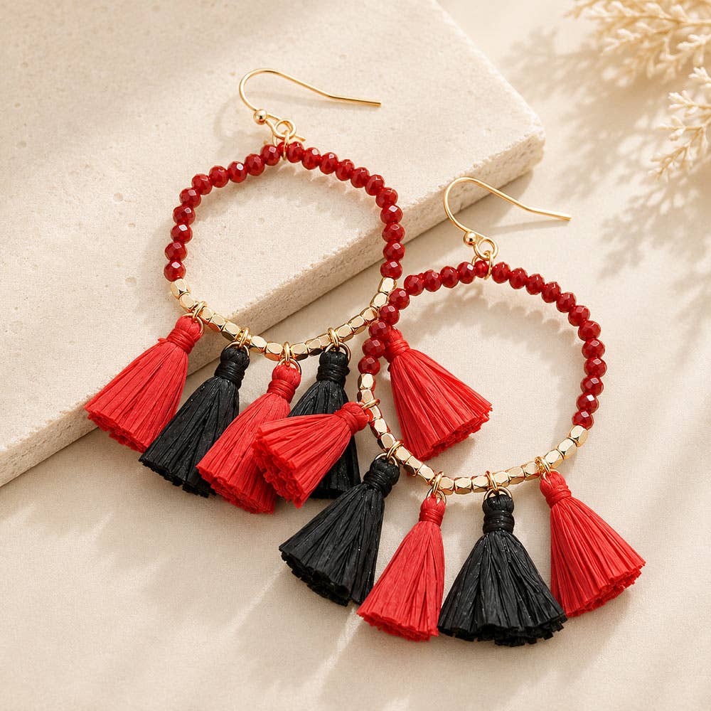 Game Day Beaded Open Hexagon Raffia Tassel Dangle Earrings
