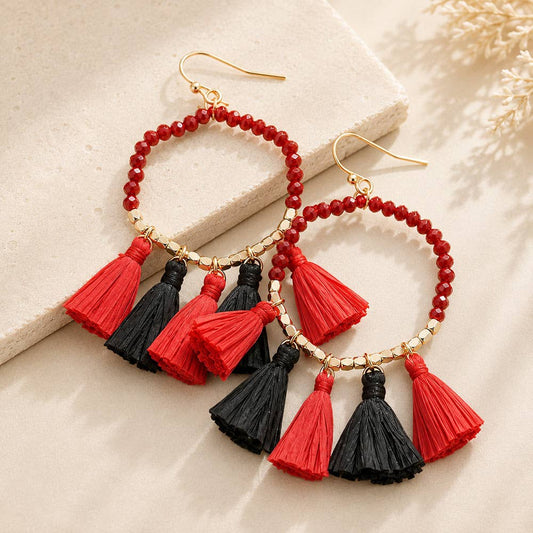 Game Day Beaded Open Hexagon Raffia Tassel Dangle Earrings