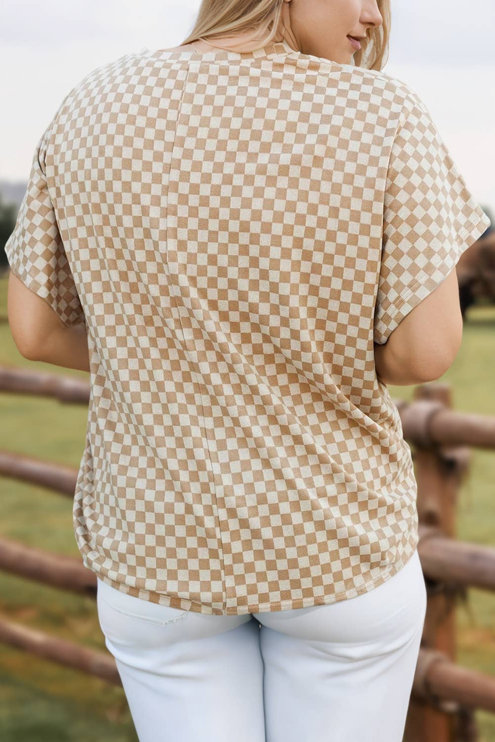 Fashion Checkerboard Short Batwing Sleeve Plus Size T Shirt