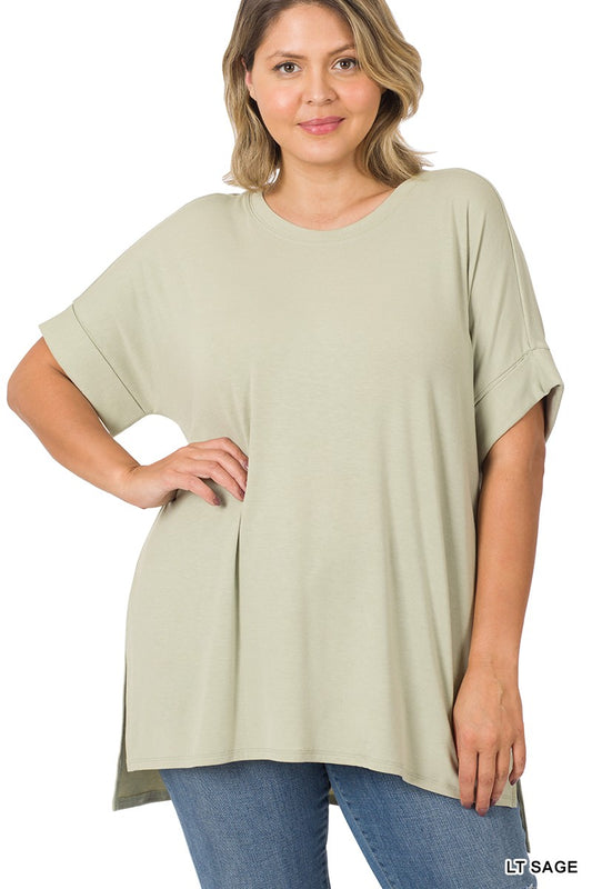 Rolled Short Sleeve Side Slit Tee