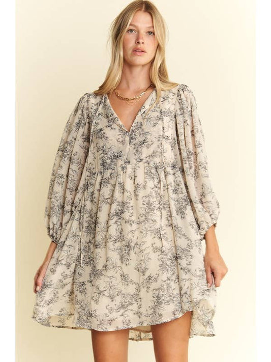 Lined 3/4 Sleeve Floral Chiffon Babydoll Short Dress
