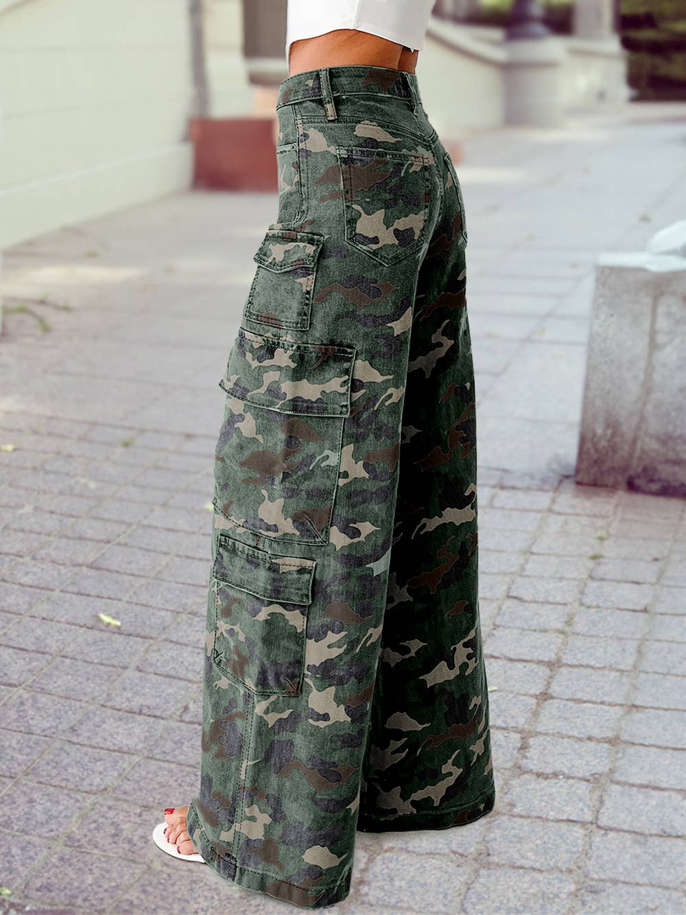 Camo Denim Cargo Wide Leg Pants